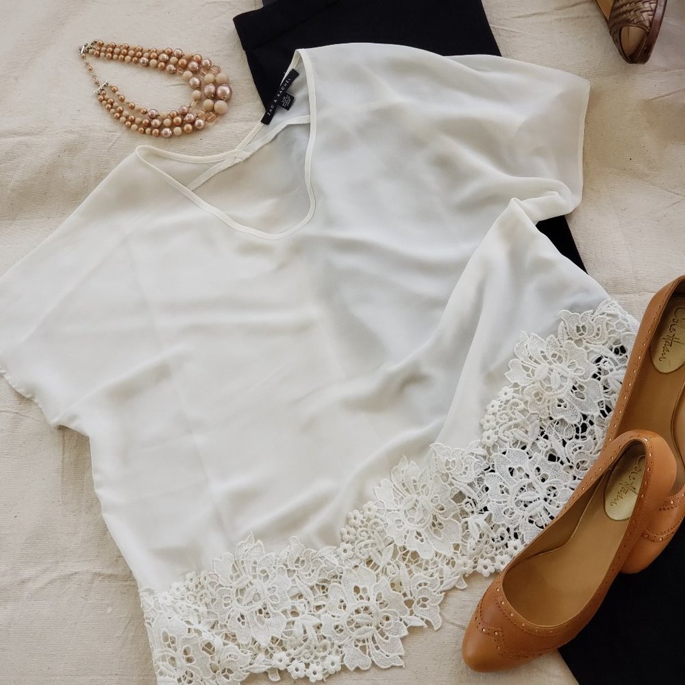 Cream Crocheted Lace Bottom Blouse